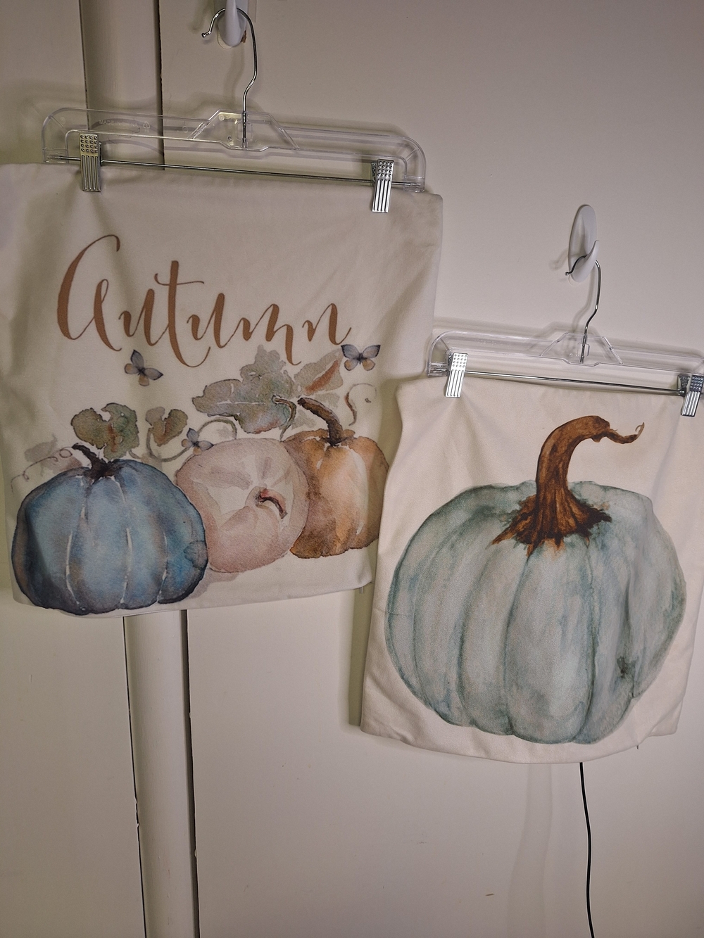 Autumn Blue & Cream Pumpkin Holiday Pillow Covers . Set Of Two.